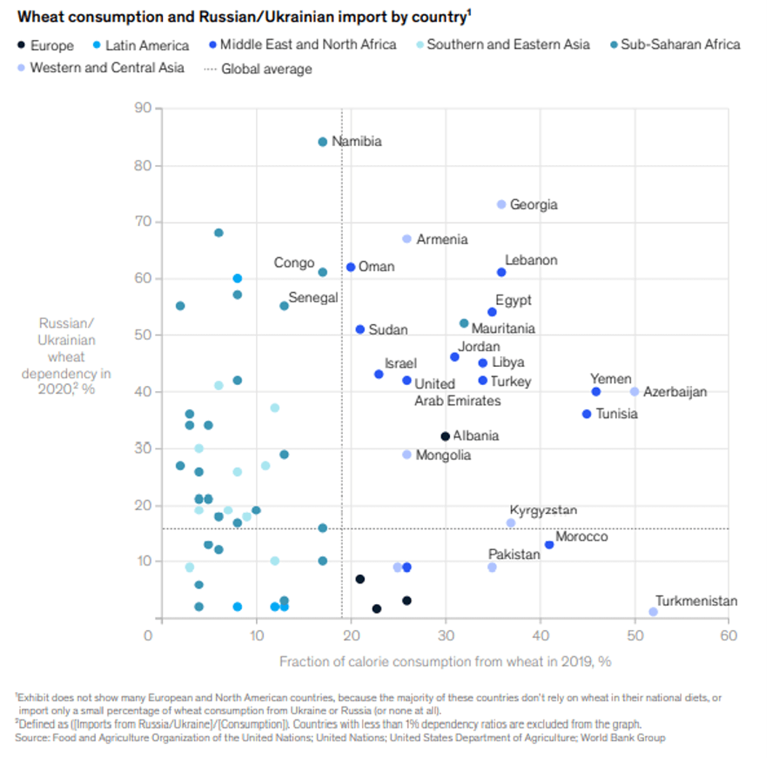 Wheat consumption and Russian/Ukrainian import by country